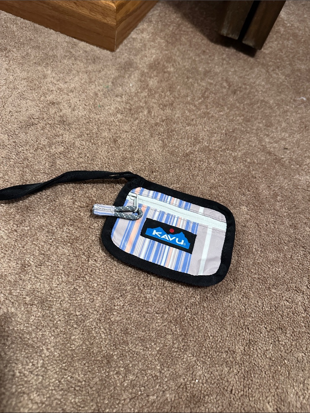 Kavu Striped Wristlet Pouch in Light Blue, Peach & Black